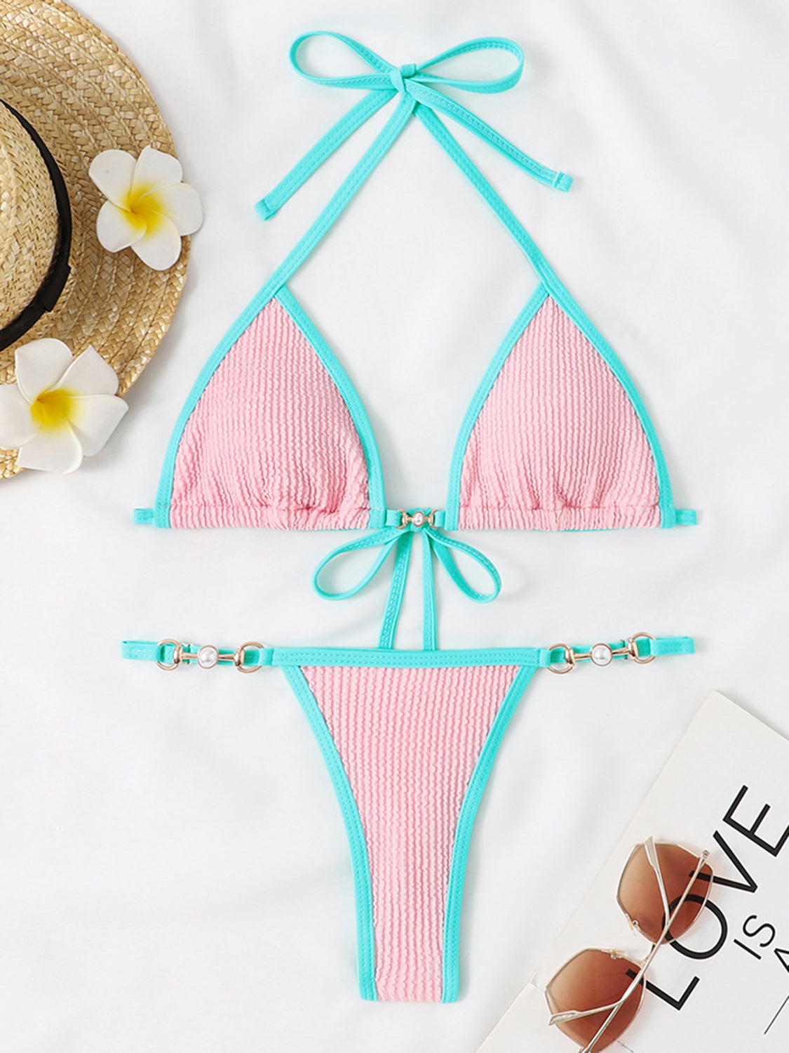 Textured Contrast Halter Neck Two-Piece Bikini Set