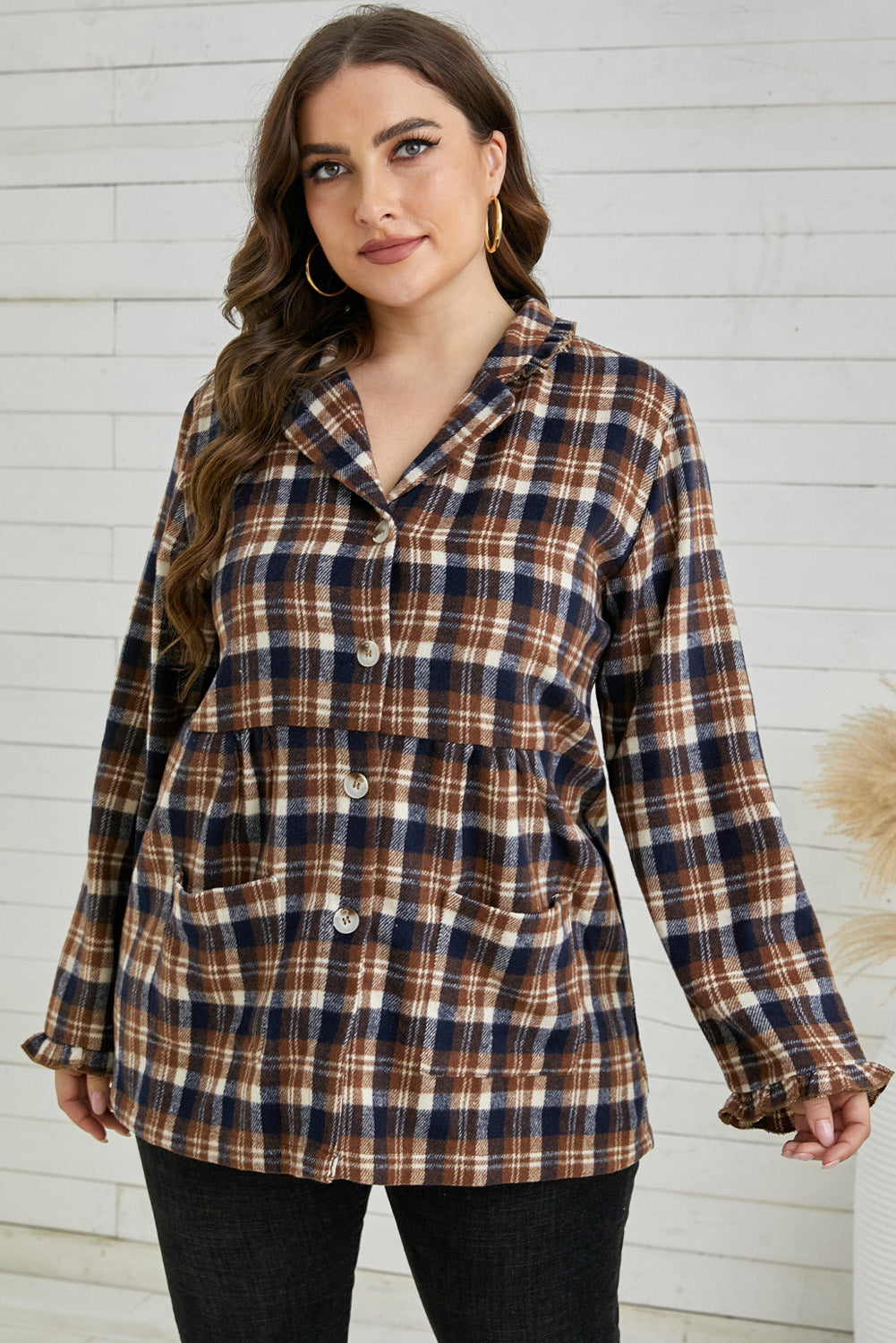 Plus Size Plaid Buttoned Collared Shacket king-general-store-5710.myshopify.com