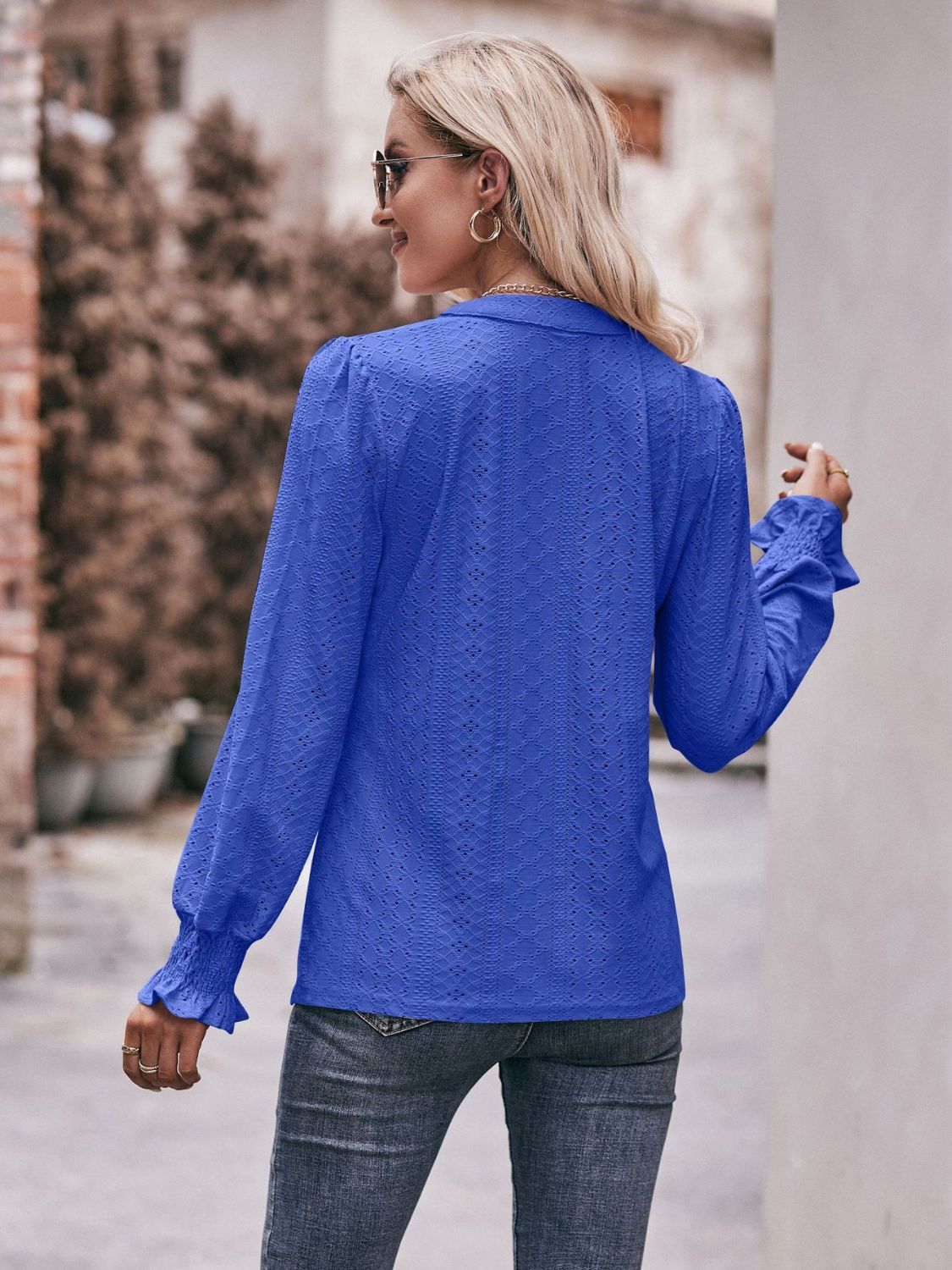 Eyelet Notched Neck Flounce Sleeve Blouse king-general-store-5710.myshopify.com