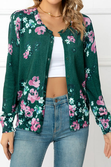 Floral Button Front Round Neck Cardigan king-general-store-5710.myshopify.com