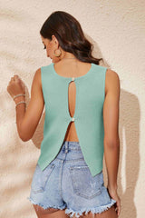 Buttoned Cutout Ribbed Trim Knit Tank king-general-store-5710.myshopify.com