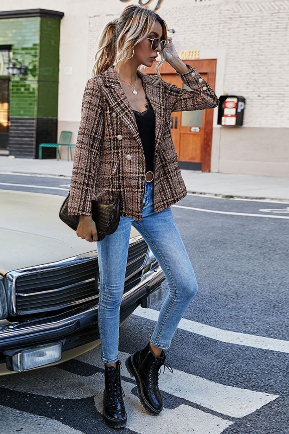 Full Size Plaid Buttoned Blazer king-general-store-5710.myshopify.com