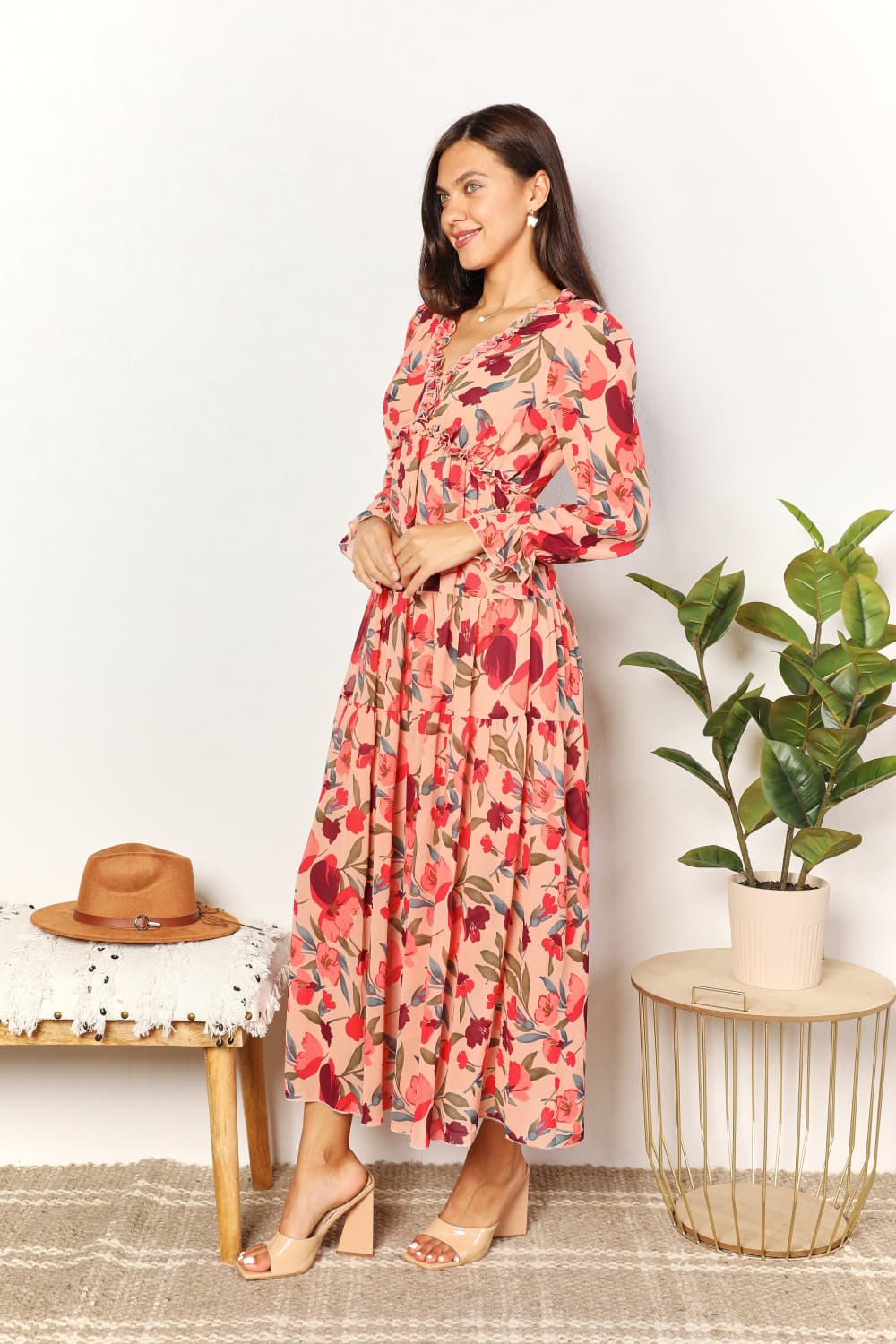 Double Take Floral Frill Trim Flounce Sleeve Plunge Maxi Dress king-general-store-5710.myshopify.com