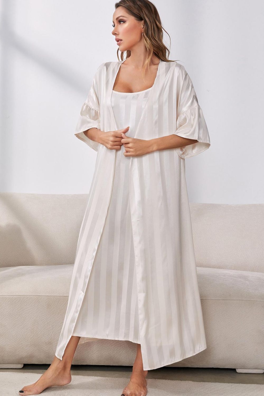 Striped Flounce Sleeve Open Front Robe and Cami Dress Set king-general-store-5710.myshopify.com