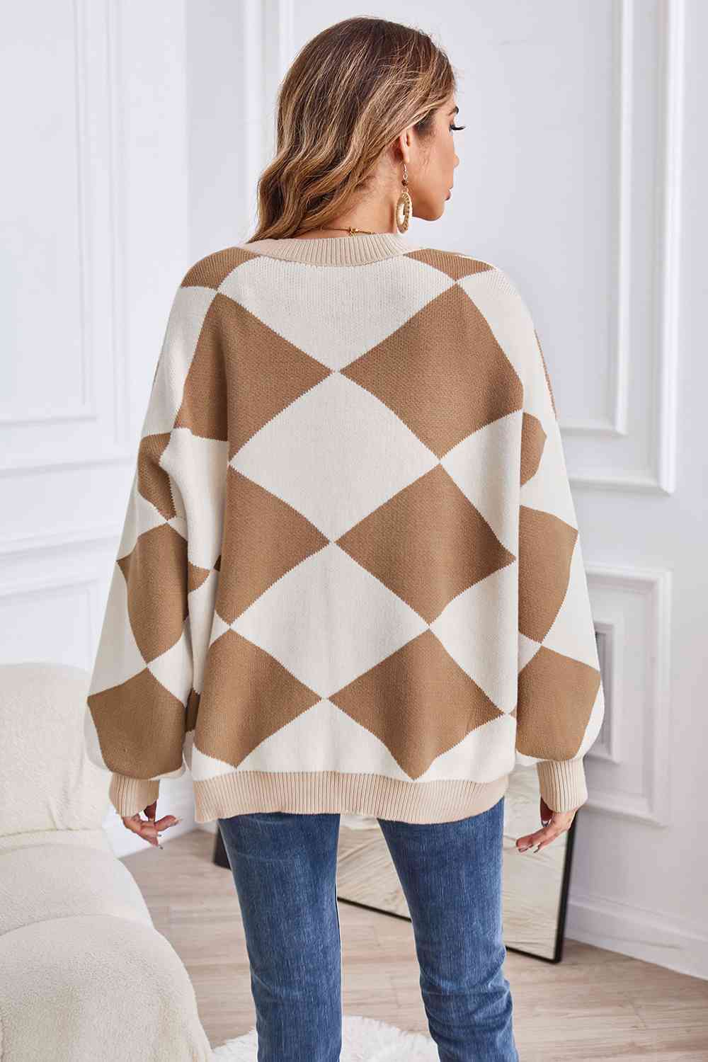 Geometric Lantern Sleeve Cardigan with Pockets king-general-store-5710.myshopify.com