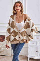 Geometric Lantern Sleeve Cardigan with Pockets king-general-store-5710.myshopify.com