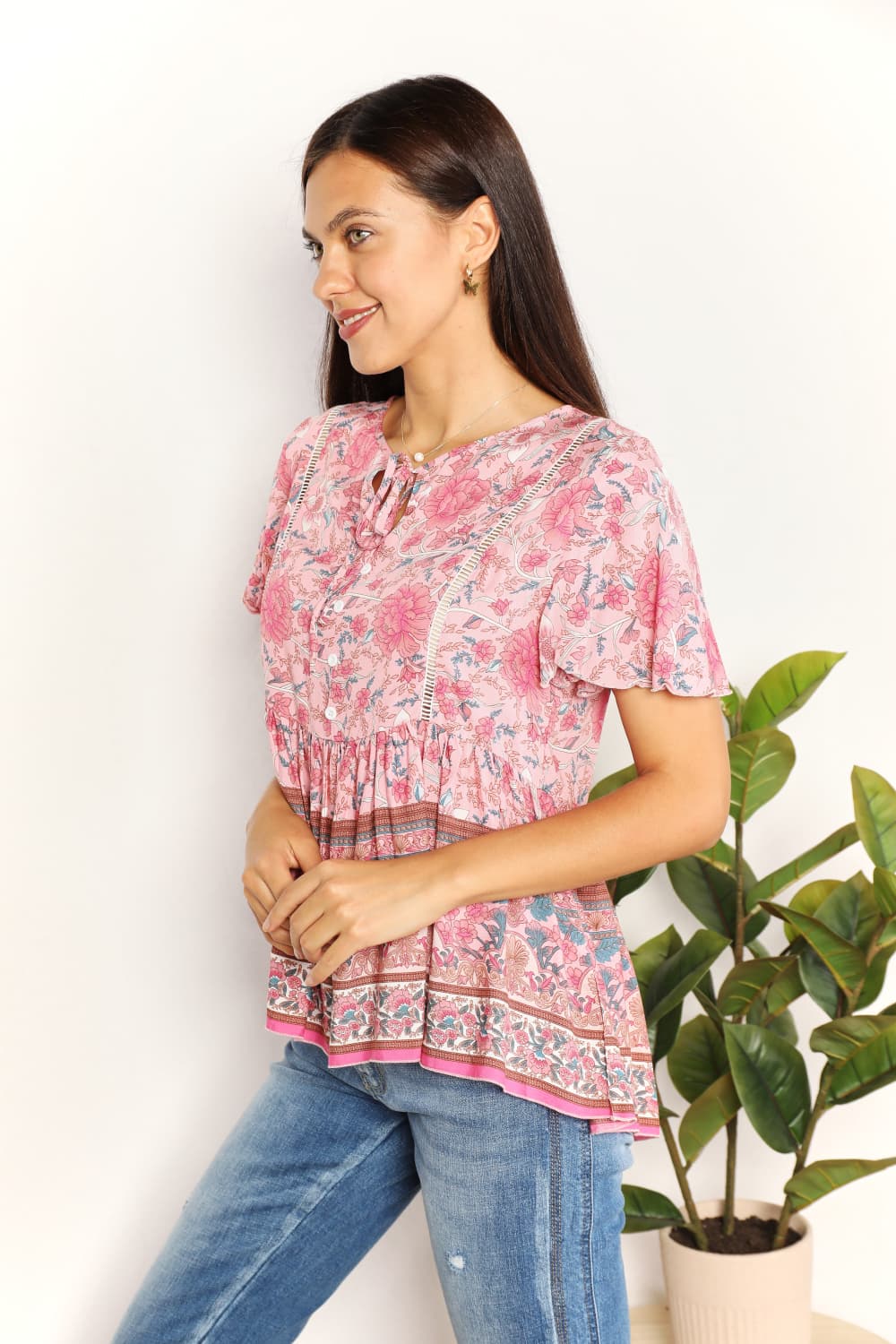 Double Take Bohemian Decorative Button Tie-Neck Peplum Blouse king-general-store-5710.myshopify.com