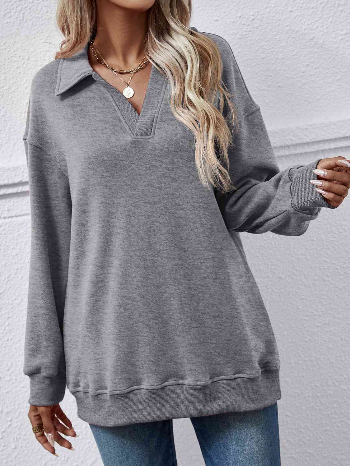 Collared Neck Dropped Shoulder Sweatshirt king-general-store-5710.myshopify.com