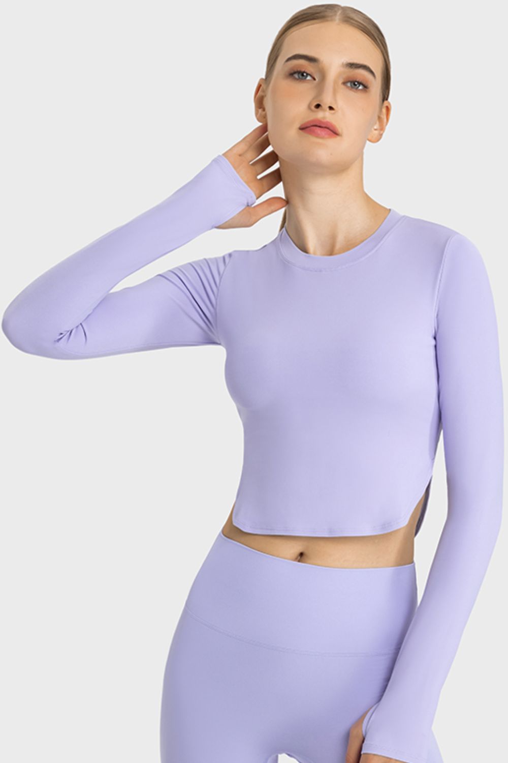 Side Slit Long Sleeve Round Neck Crop Top king-general-store-5710.myshopify.com