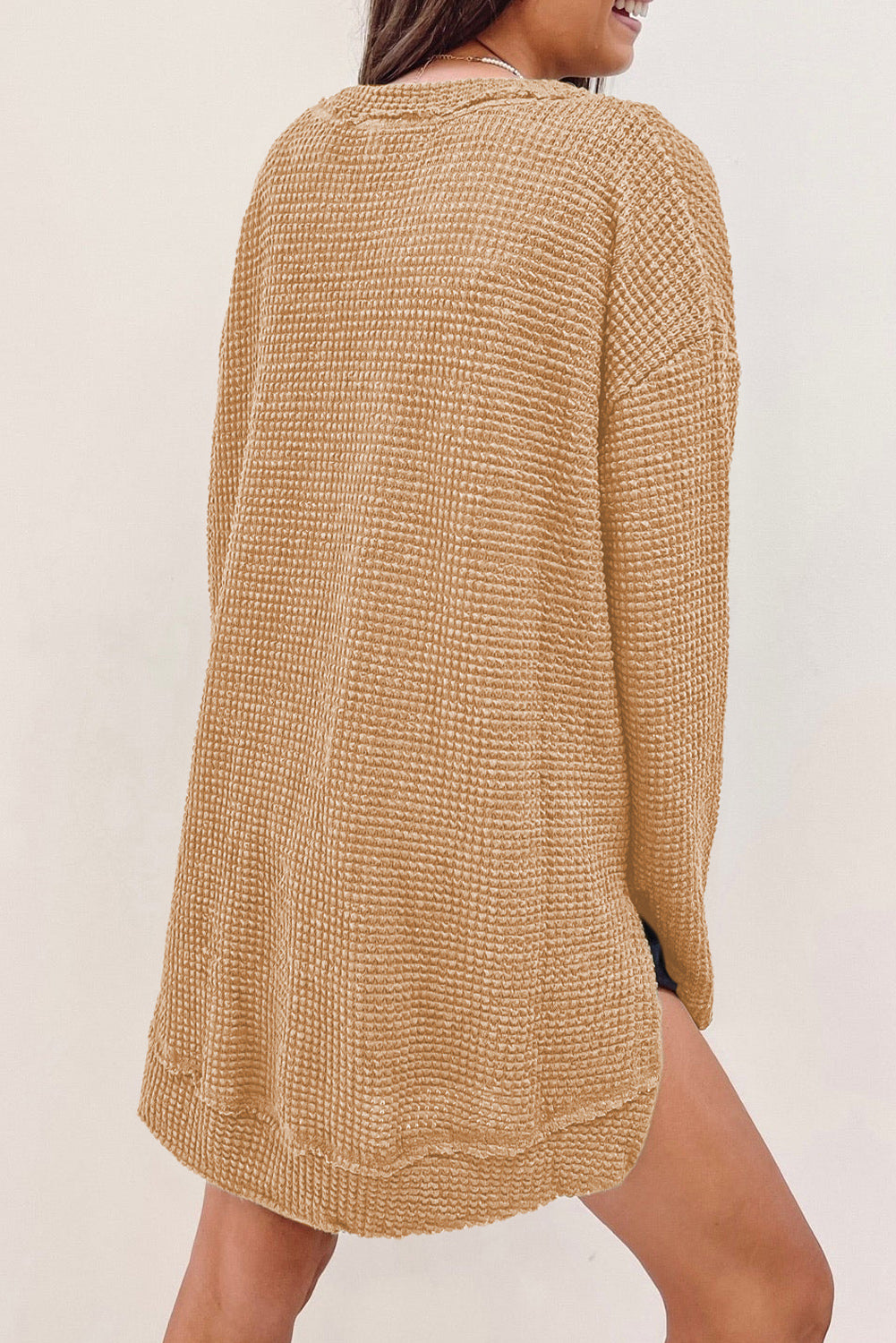 Waffle-Knit Round Neck Long Sleeve Sweatshirt king-general-store-5710.myshopify.com