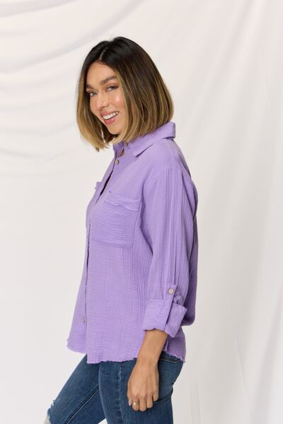 Zenana Texture Button Up Raw Hem Long Sleeve Shirt king-general-store-5710.myshopify.com