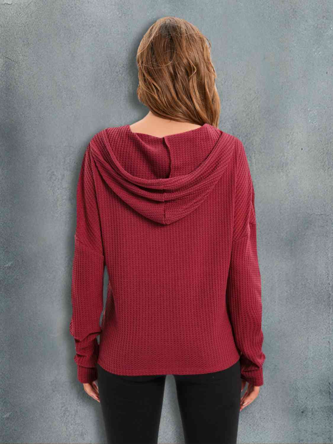 Waffle-Knit Drawstring Drop Shoulder Hoodie king-general-store-5710.myshopify.com