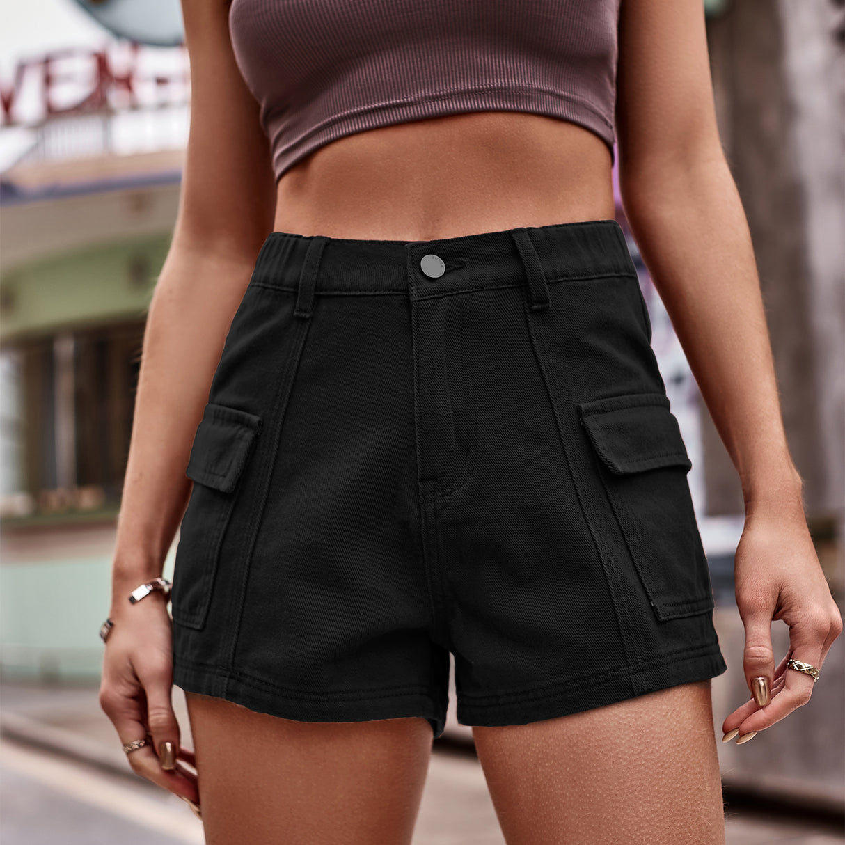 High-Waist Denim Shorts with Pockets king-general-store-5710.myshopify.com