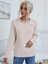 Button Detail Frill Neck Rib-Knit Sweater king-general-store-5710.myshopify.com