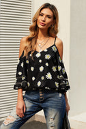 Printed Cold-Shoulder Three-Quarter Flare Sleeve Blouse king-general-store-5710.myshopify.com