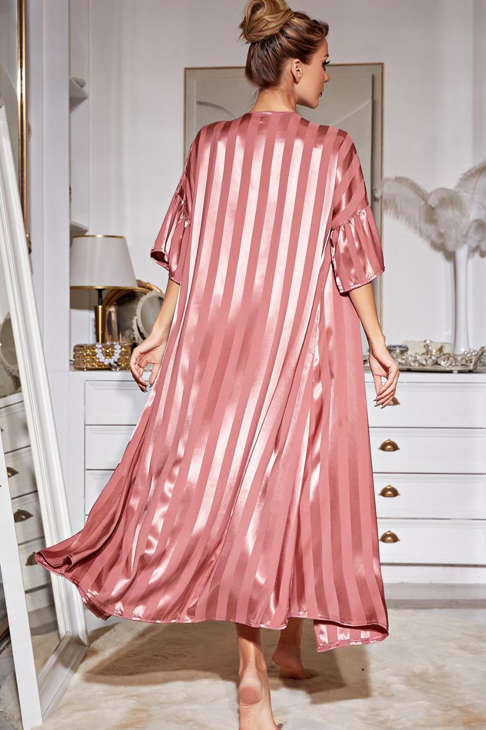 Striped Flounce Sleeve Open Front Robe and Cami Dress Set king-general-store-5710.myshopify.com