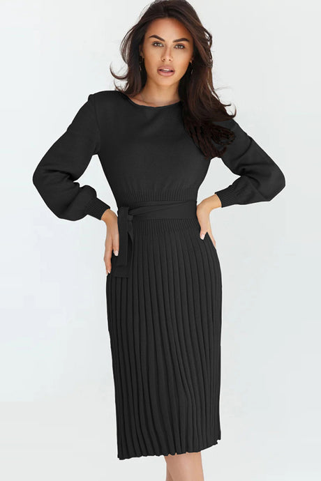 Round Neck Long Sleeve Pleated Sweater Dress king-general-store-5710.myshopify.com