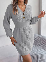 Buttoned Cable-Knit V-Neck Sweater Dress king-general-store-5710.myshopify.com