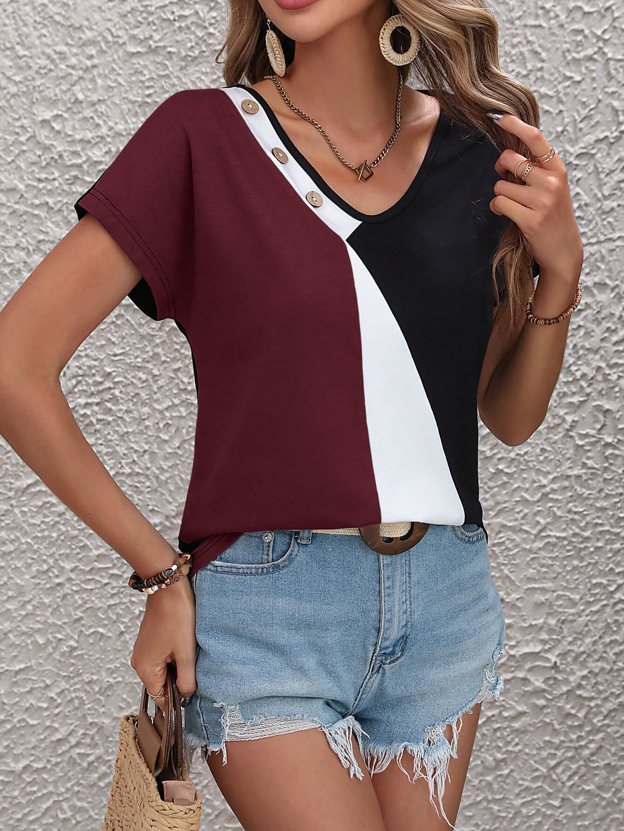 Color Block Decorative Button V-Neck Tee king-general-store-5710.myshopify.com