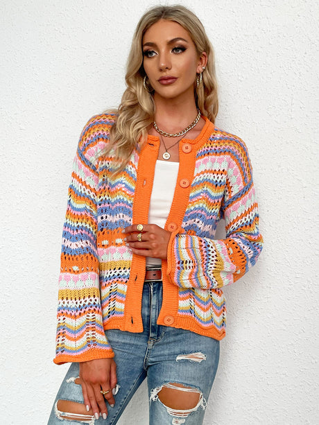 Chevron Stripes Openwork Cardigan king-general-store-5710.myshopify.com