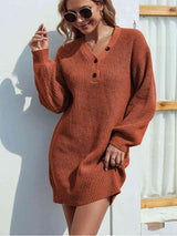 Buttoned V-Neck Sweater Dress king-general-store-5710.myshopify.com