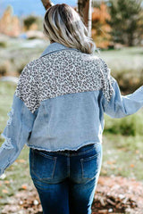 Plus Size Leopard Raw Hem Distressed Spliced Denim Jacket king-general-store-5710.myshopify.com