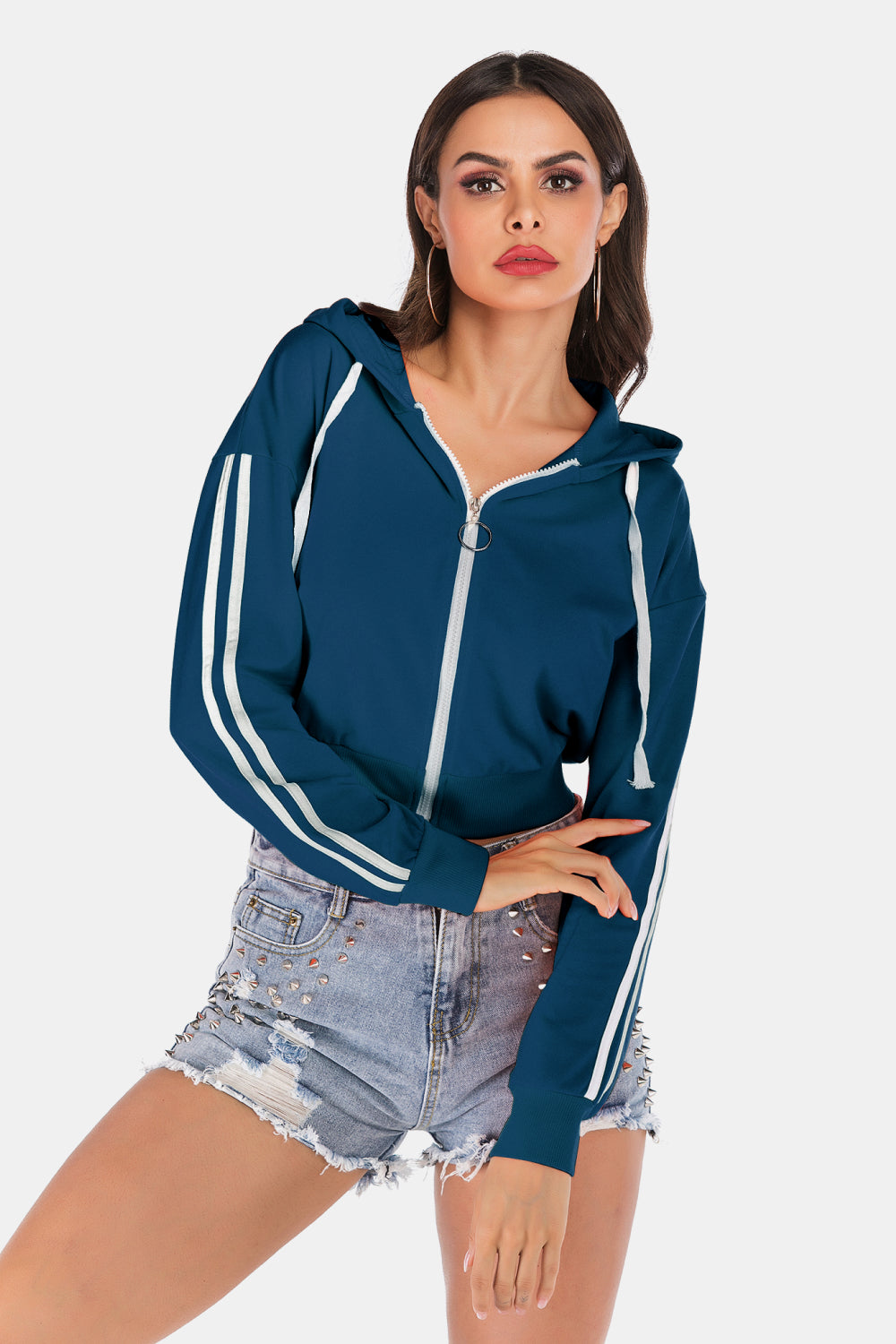 Side Stripe Drawstring Cropped Hooded Jacket king-general-store-5710.myshopify.com