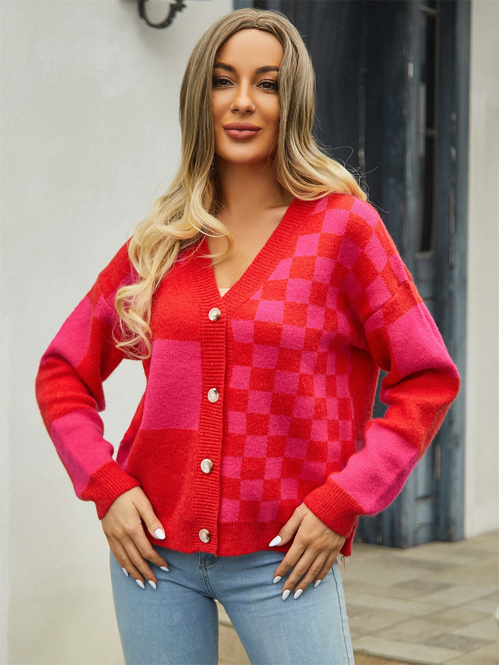 Plaid V-Neck Dropped Shoulder Cardigan king-general-store-5710.myshopify.com