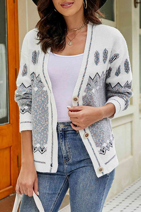 Printed V-Neck Buttoned Cardigan king-general-store-5710.myshopify.com