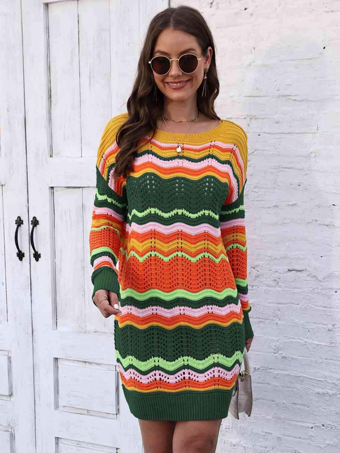 Openwork Round Neck Sweater Dress king-general-store-5710.myshopify.com