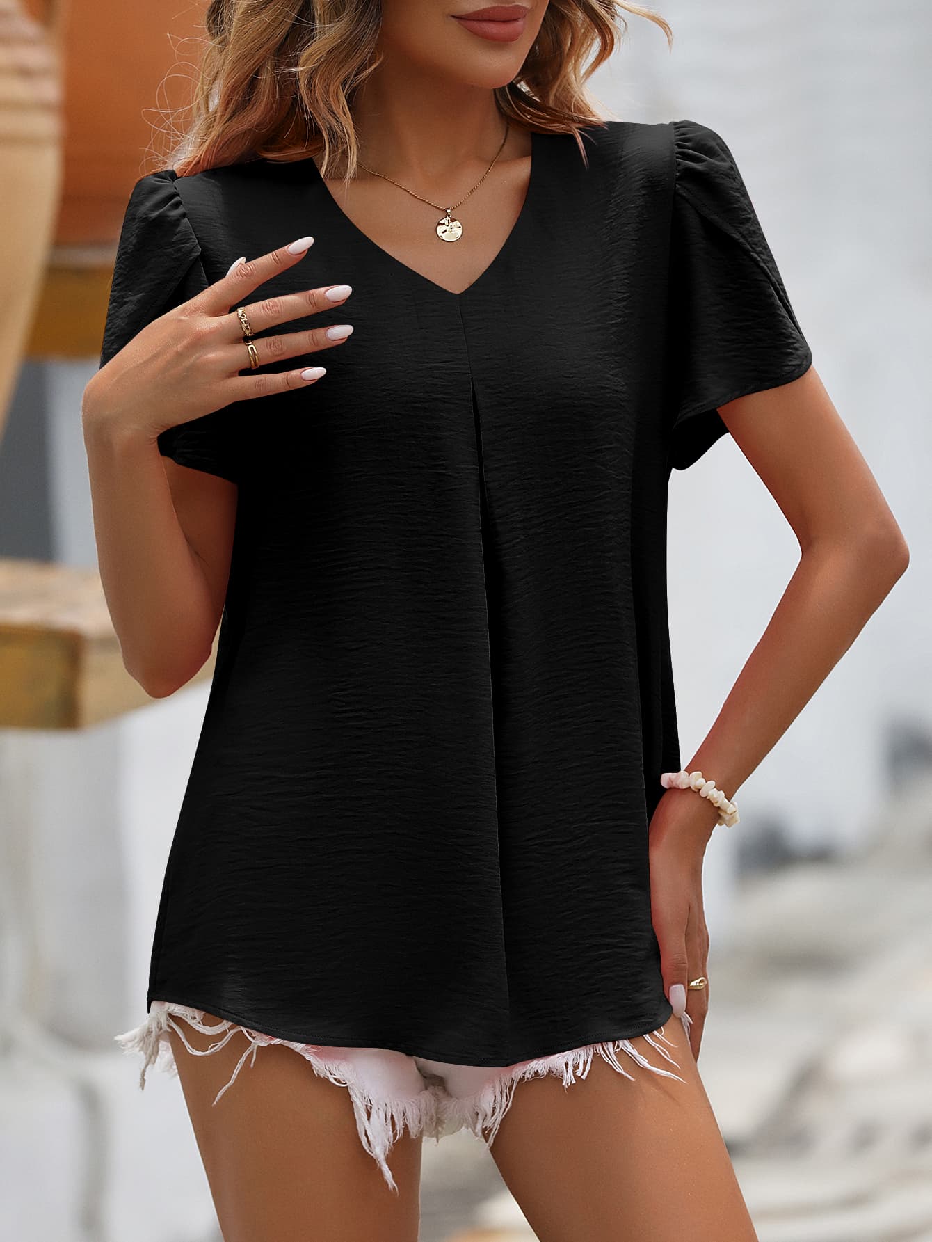 Ruche V-Neck Petal Sleeve Top king-general-store-5710.myshopify.com