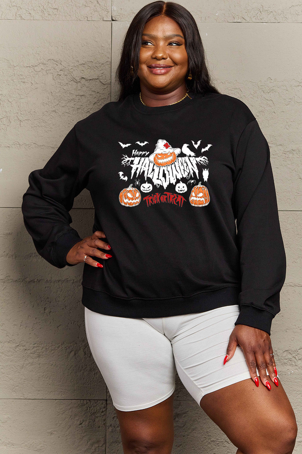 Simply Love Full Size HAPPY HALLOWEEN TRICK OR TREAT Graphic Sweatshirt king-general-store-5710.myshopify.com