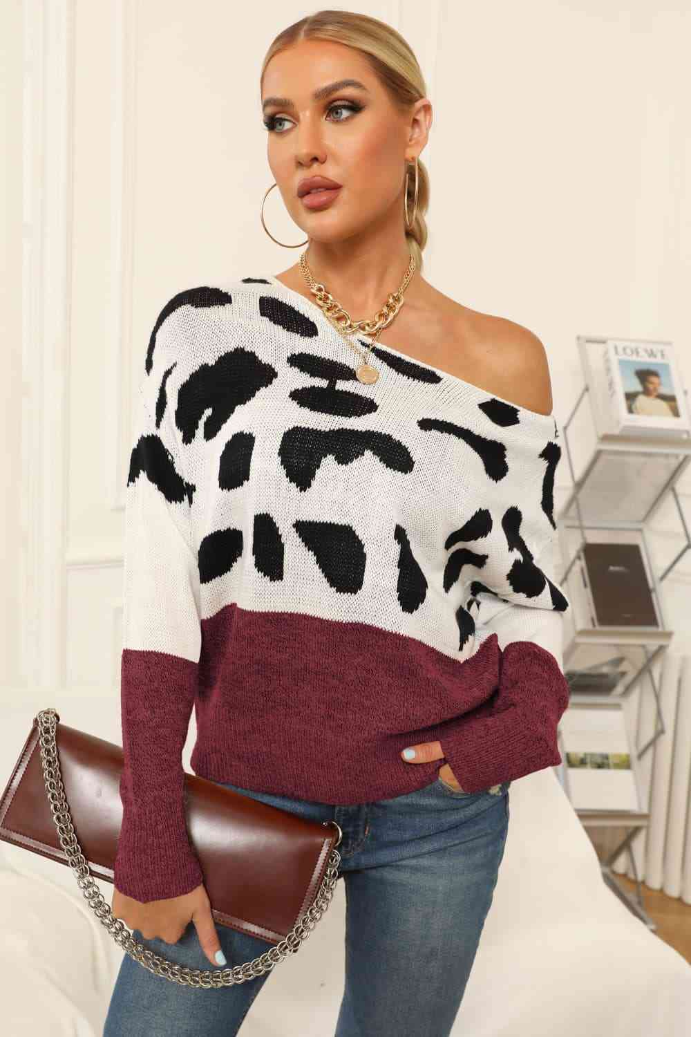 Full Size Two-Tone Boat Neck Sweater king-general-store-5710.myshopify.com