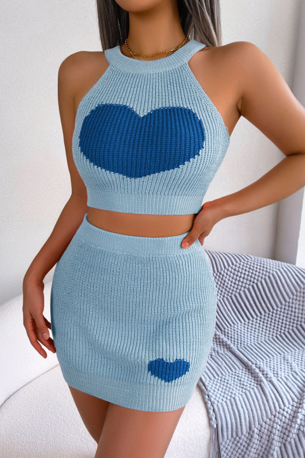 Heart Contrast Ribbed Sleeveless Knit Top and Skirt Set king-general-store-5710.myshopify.com