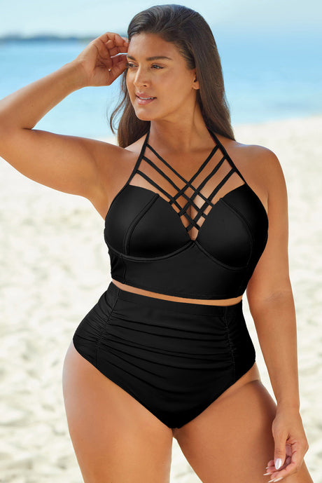 Halter Neck Crisscross Ruched Two-Piece Swimsuit king-general-store-5710.myshopify.com