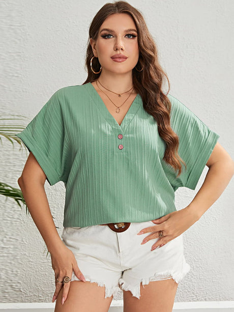 Plus Size Buttoned V-Neck Short Sleeve Top king-general-store-5710.myshopify.com
