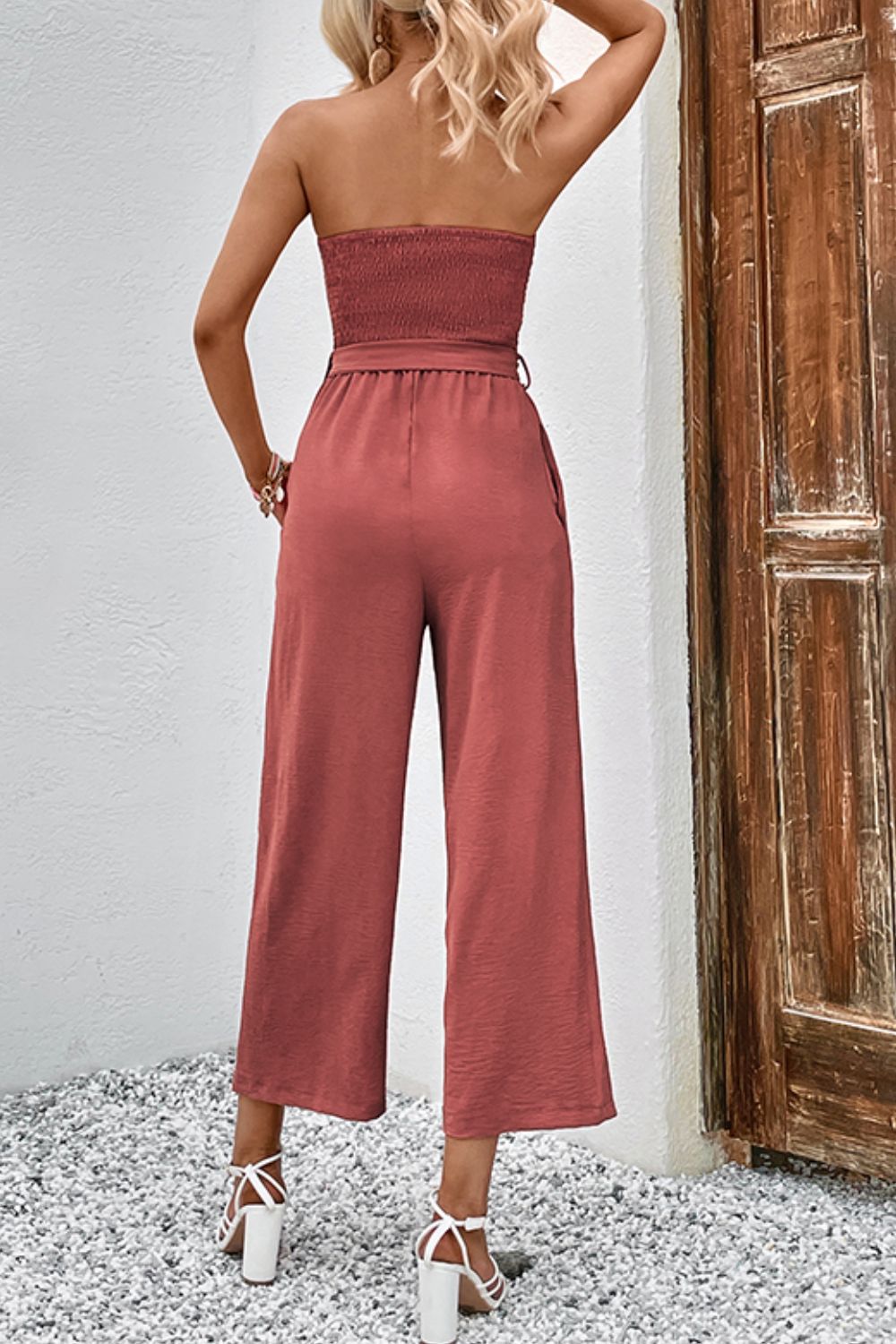 Decorative Button Strapless Smocked Jumpsuit with Pockets king-general-store-5710.myshopify.com