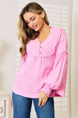 Double Take Exposed Seam Buttoned Notched Neck Blouse king-general-store-5710.myshopify.com