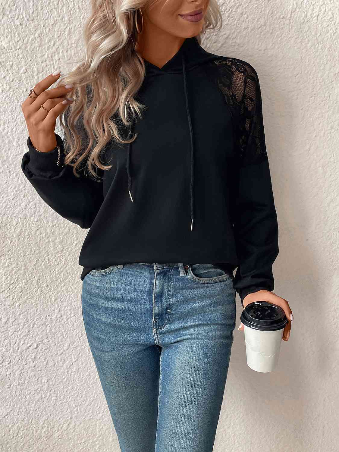 Lace Detail Drawstring Long Sleeve Hoodie king-general-store-5710.myshopify.com