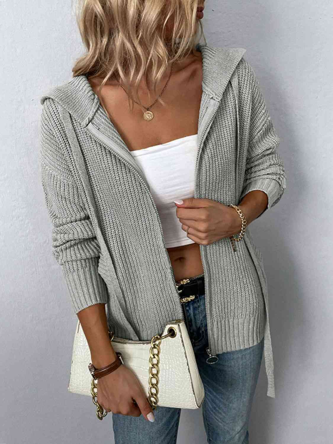 Zip-Up Drawstring Detail Hooded Cardigan king-general-store-5710.myshopify.com