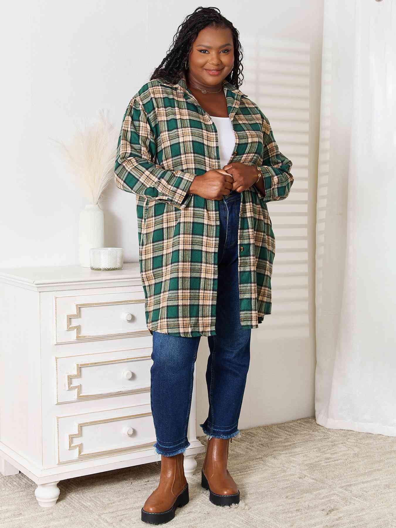 Double Take Plaid Collared Neck Long Sleeve Shirt king-general-store-5710.myshopify.com