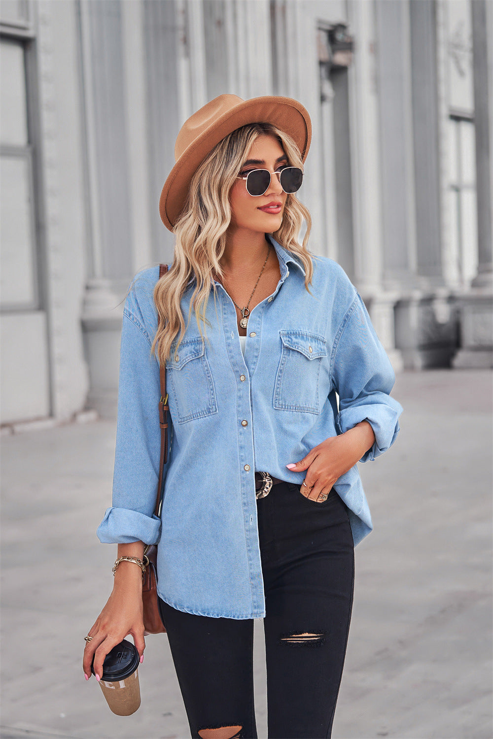 Collared Neck Dropped Shoulder Denim Top king-general-store-5710.myshopify.com