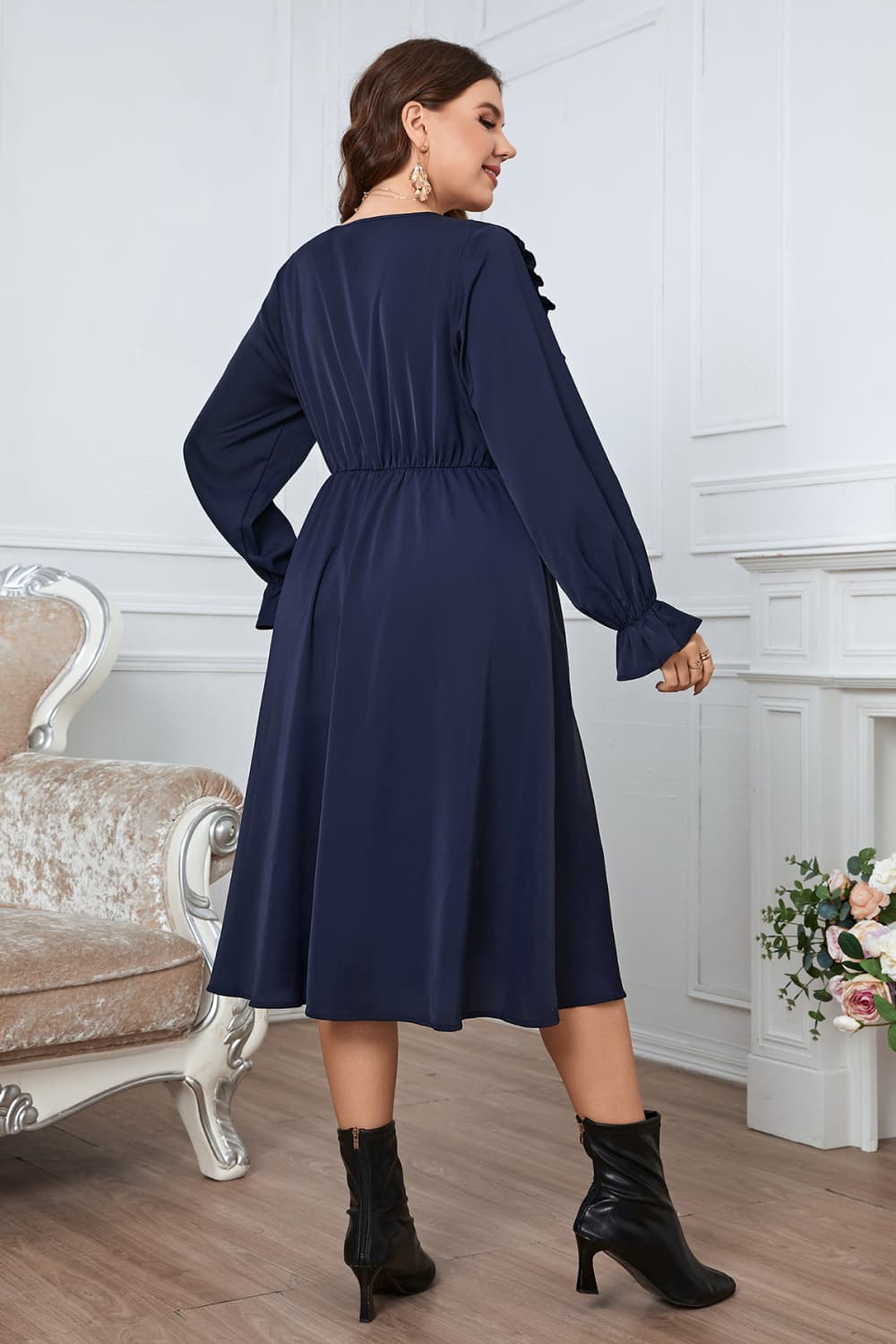 Plus Size V-Neck Buttoned Flounce Sleeve Dress king-general-store-5710.myshopify.com