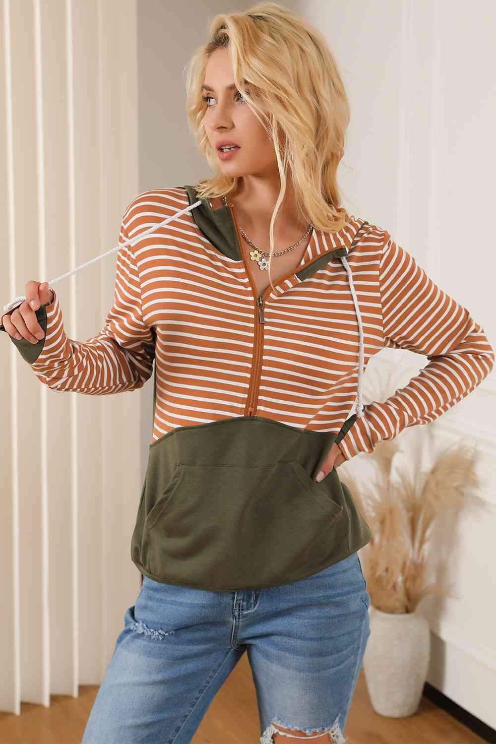 Striped Color Block Drawstring Hoodie king-general-store-5710.myshopify.com