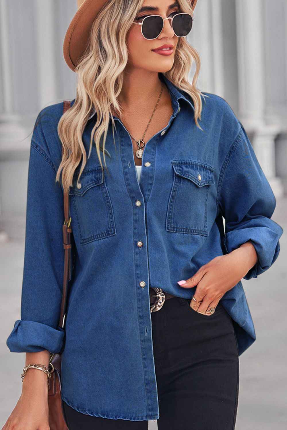 Collared Neck Dropped Shoulder Denim Top king-general-store-5710.myshopify.com