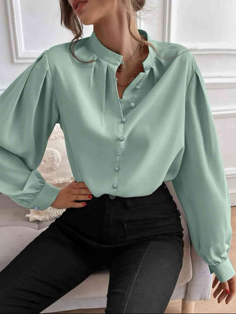 Mock Neck Button Front Shirt king-general-store-5710.myshopify.com