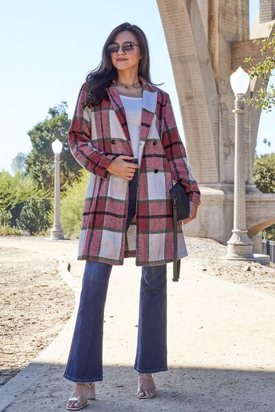 Double Take Full Size Plaid Button Up Lapel Collar Coat king-general-store-5710.myshopify.com