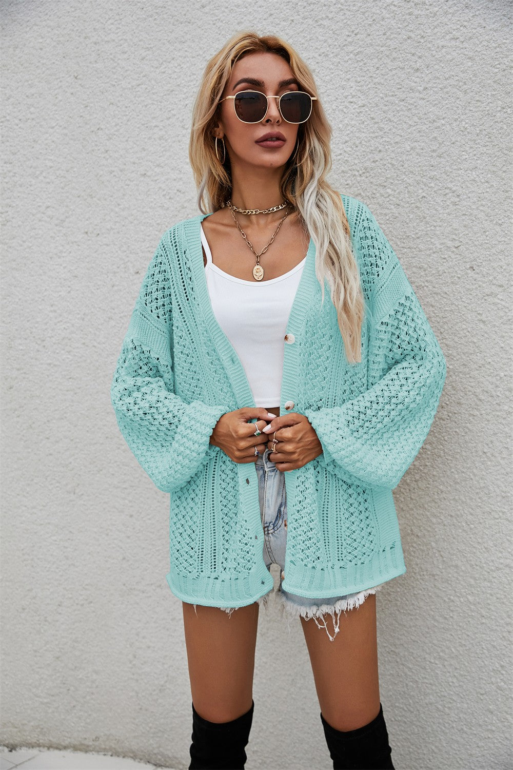 Openwork V-Neck Dropped Shoulder Cardigan king-general-store-5710.myshopify.com