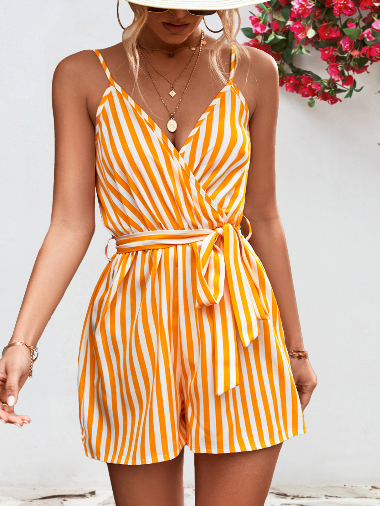 Striped Tie Waist Spaghetti Strap Romper king-general-store-5710.myshopify.com