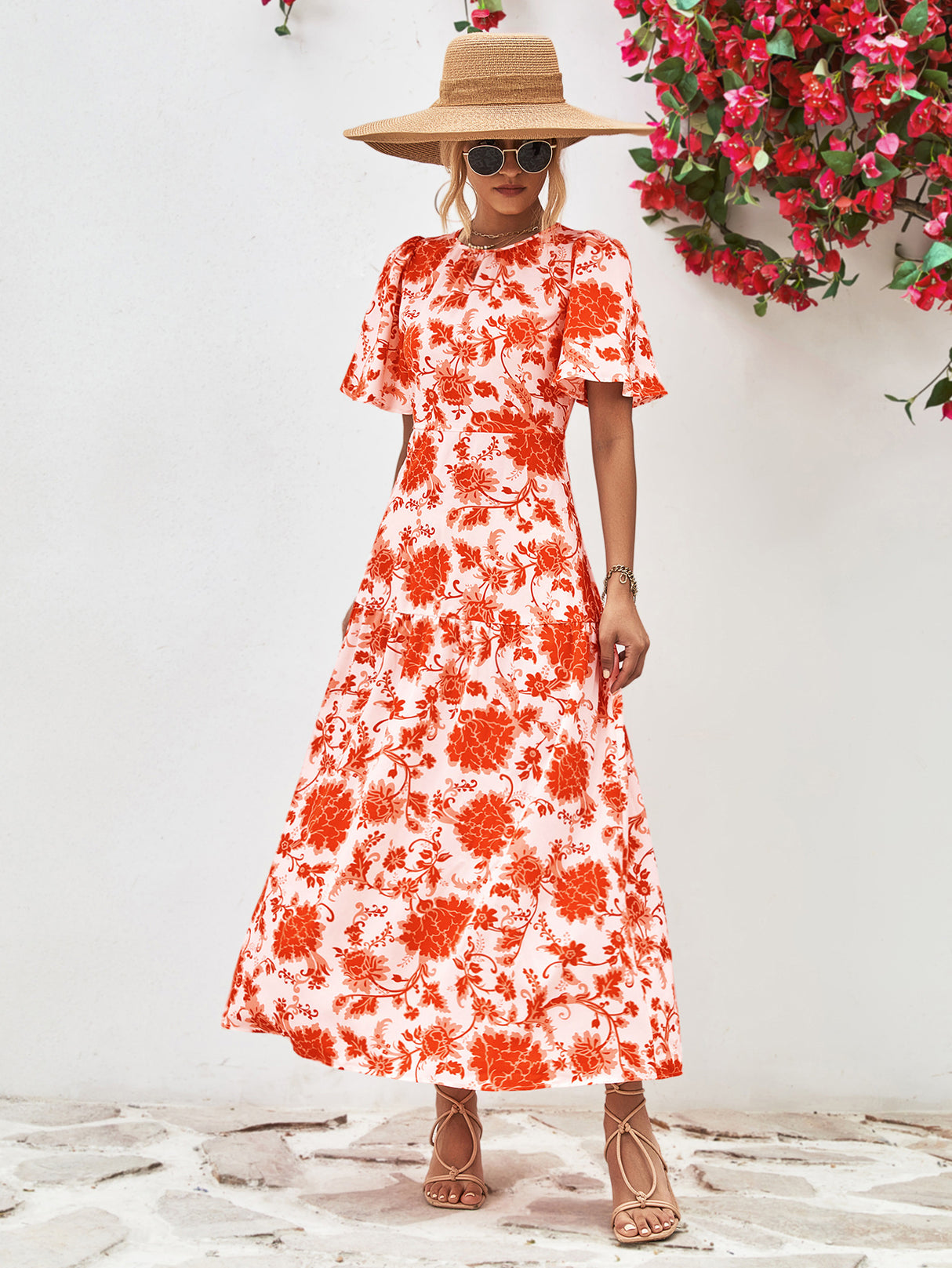 Floral Round Neck Tied Open Back Dress king-general-store-5710.myshopify.com